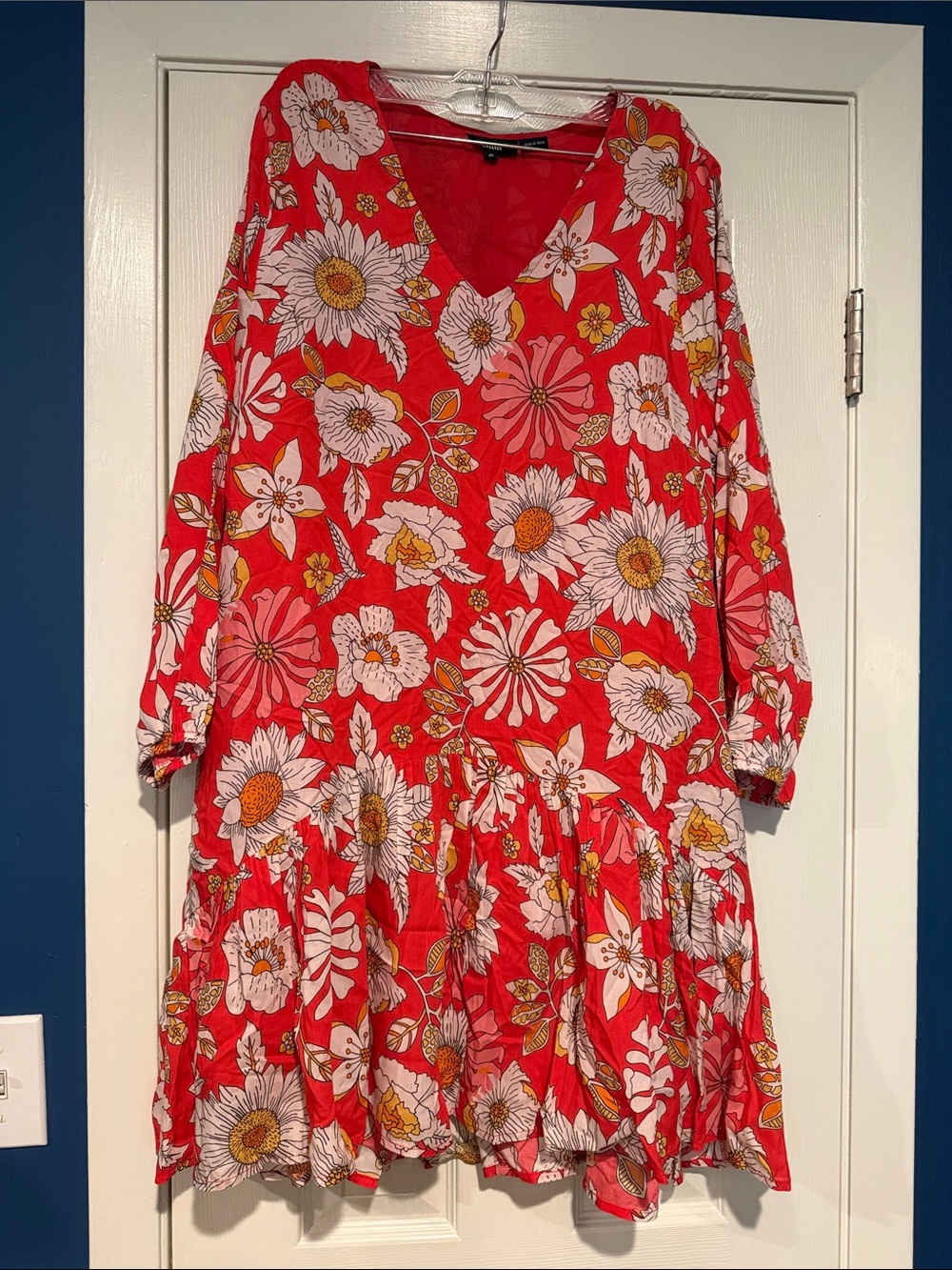 Tolani Red Floral V-Neck Tiered Long Sleeve Dress
